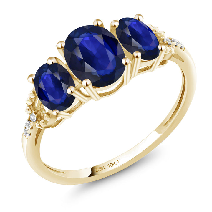 10K Yellow Gold Oval Blue Sapphire and Diamond 3-Stone Engagement Ring | 4.23 Cttw | Three Stone Wedding Anniversary Promise Gold Ring For Women | Available In Size 5, 6, 7, 8, 9)