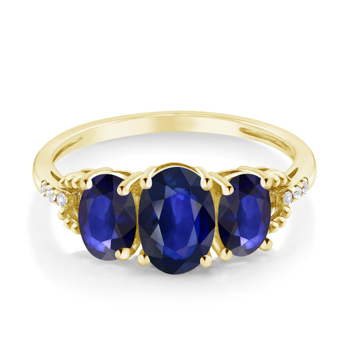 10K Yellow Gold Oval Blue Sapphire and Diamond 3-Stone Engagement Ring | 4.23 Cttw | Three Stone Wedding Anniversary Promise Gold Ring For Women | Available In Size 5, 6, 7, 8, 9)