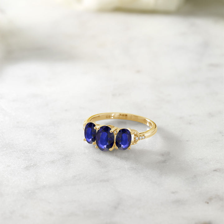 10K Yellow Gold Oval Blue Sapphire and Diamond 3-Stone Engagement Ring | 4.23 Cttw | Three Stone Wedding Anniversary Promise Gold Ring For Women | Available In Size 5, 6, 7, 8, 9)