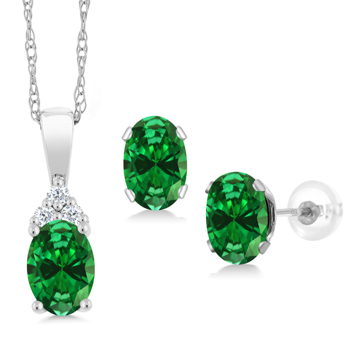 Created Emerald - May_Pendant Earrings Set in 10K White Gold