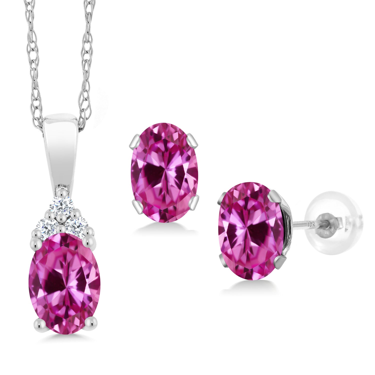 Pink Created Sapphire - September_Pendant Earrings Set in 10K White Gold