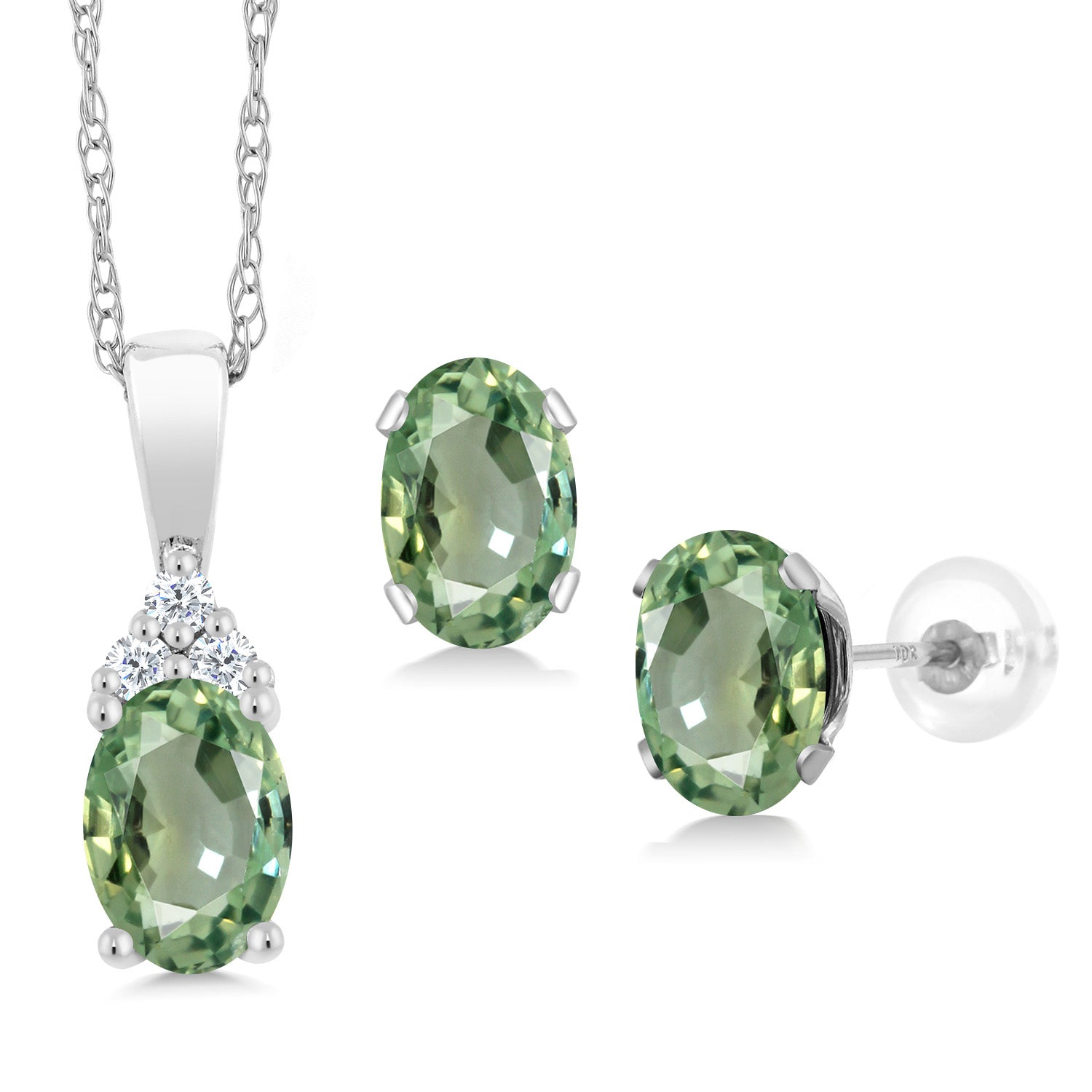 Green Sapphire - September_Pendant Earrings Set in 10K White Gold