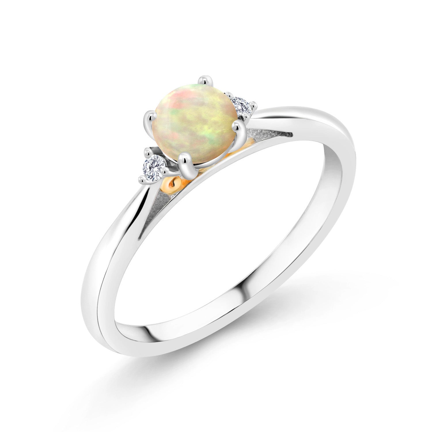 925 Sterling Silver and 10K Yellow Gold White Ethiopian Opal and White Lab Grown Diamond Engagement Ring For Women (0.34 Cttw, Gemstone, Available in size 5, 6, 7, 8, 9)