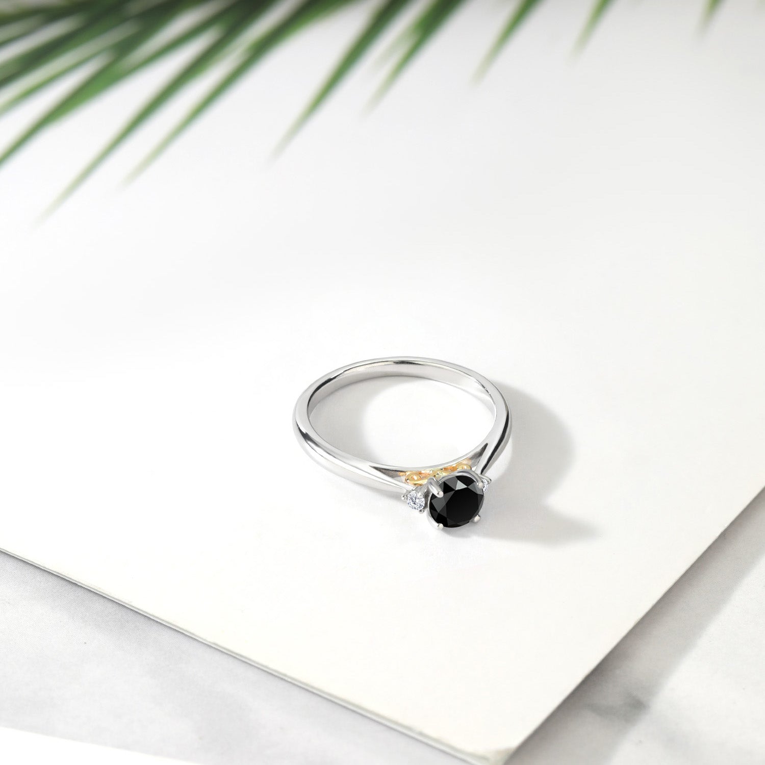 925 Sterling Silver and 10K Yellow Gold Black Onyx and White Lab Grown Diamond Engagement Ring For Women (0.51 Cttw, Gemstone December Birthstone, Available in size 5, 6, 7, 8, 9)