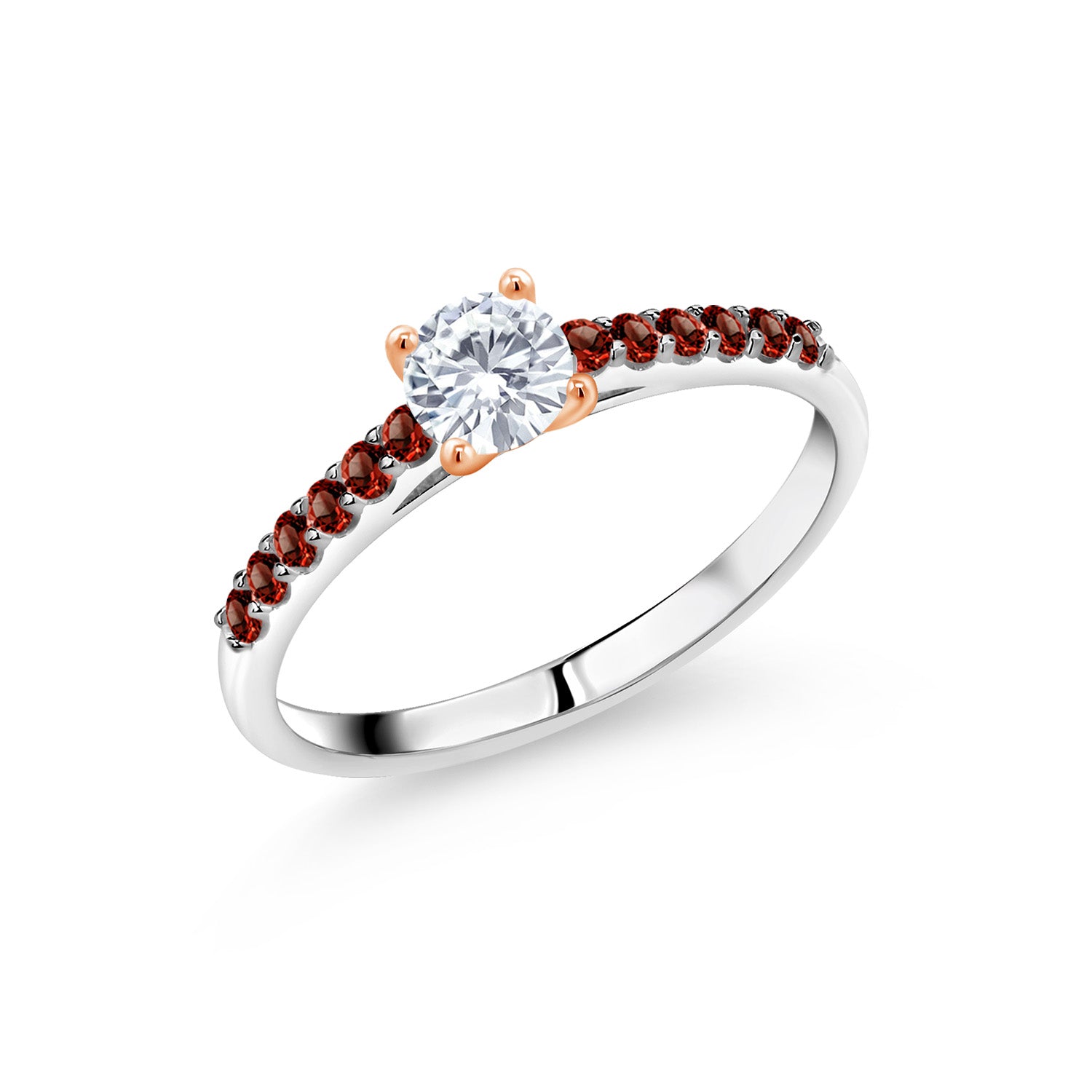 925 Sterling Silver Ring with 10K Rose Gold Prongs Red Garnet Set with Moissanite (0.74 Cttw)