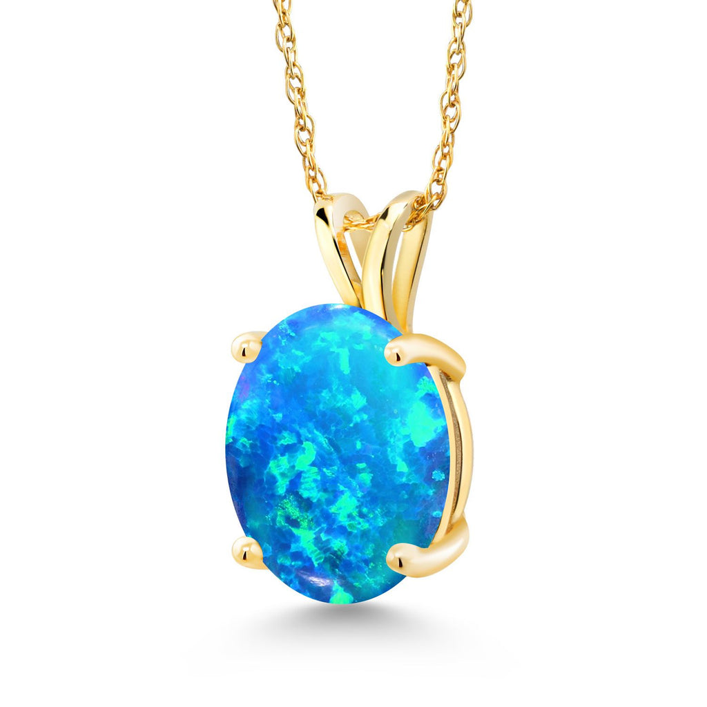 Blue Simulated Opal - October_Pendant in 14K Yellow Gold