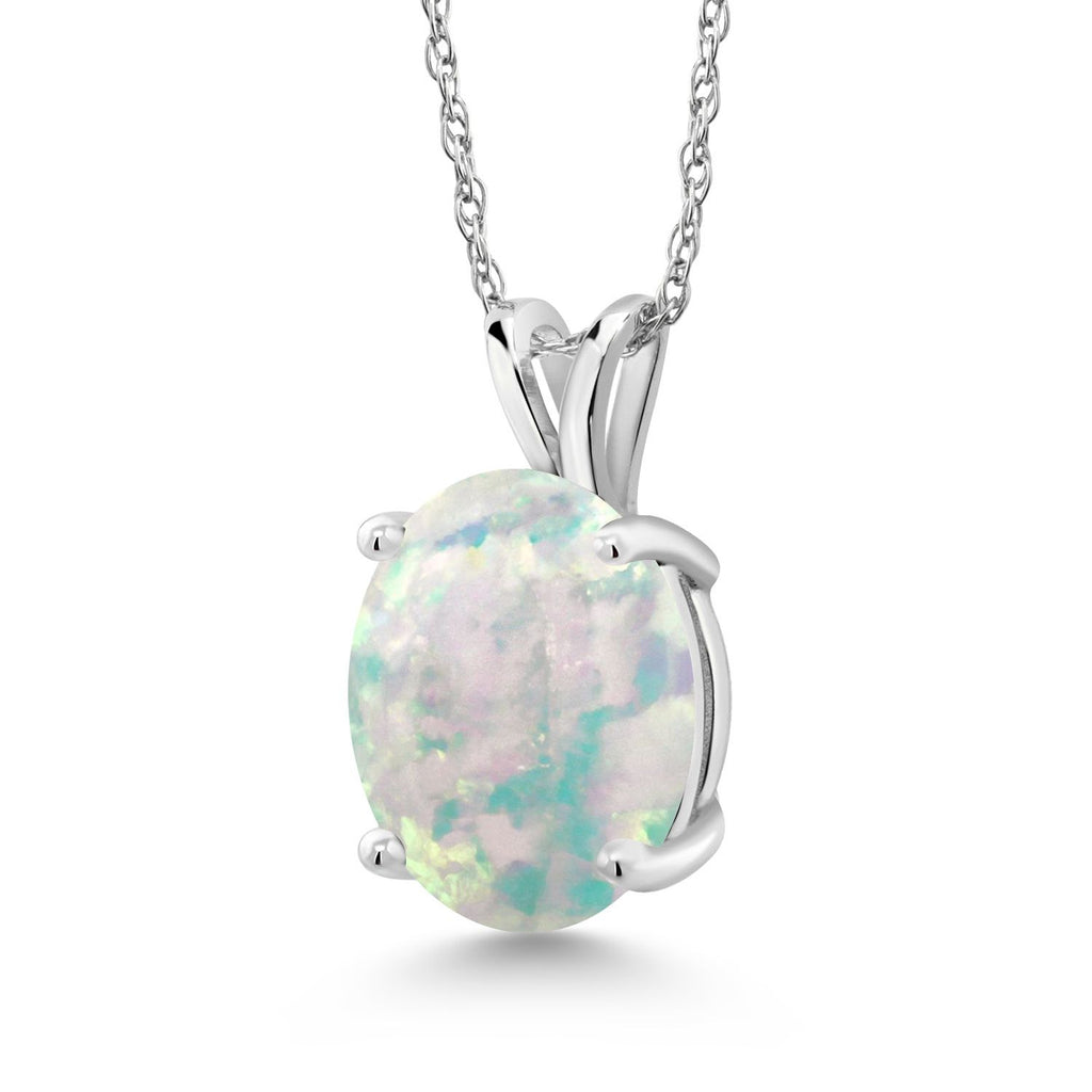 White Simulated Opal-Cabochon - October_Pendant in 14K White Gold