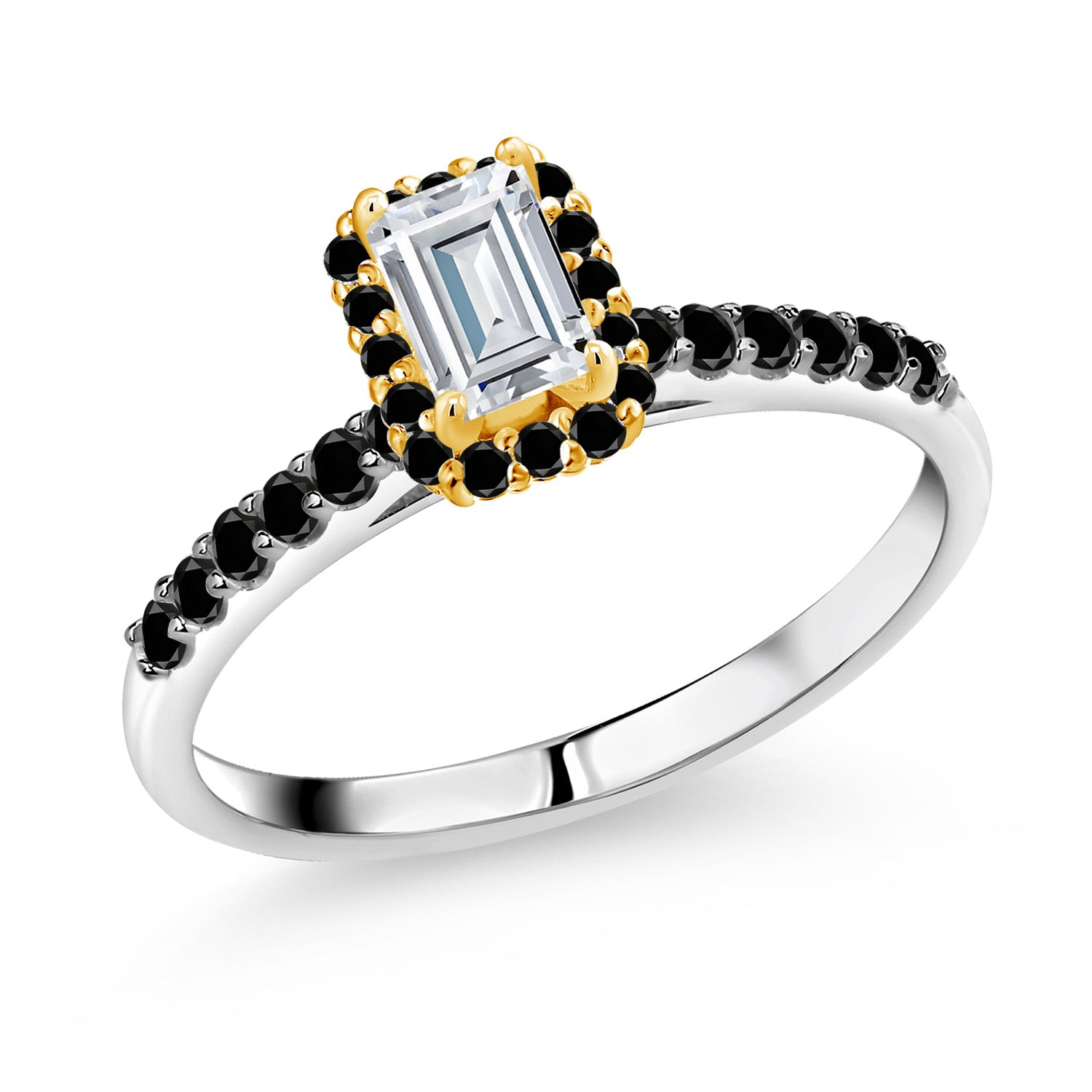 925 Silver and 10K Yellow Gold Forever Classic Moissanite and Black Diamond Engagement Ring For Women | 1.00 Cttw | Gemstone Birthstone | Available in Size 5,6,7,8,9