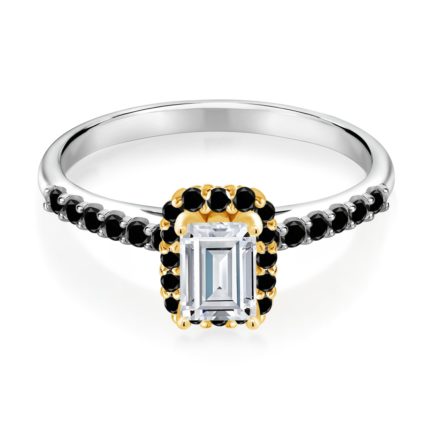 925 Silver and 10K Yellow Gold Forever Classic Moissanite and Black Diamond Engagement Ring For Women | 1.00 Cttw | Gemstone Birthstone | Available in Size 5,6,7,8,9