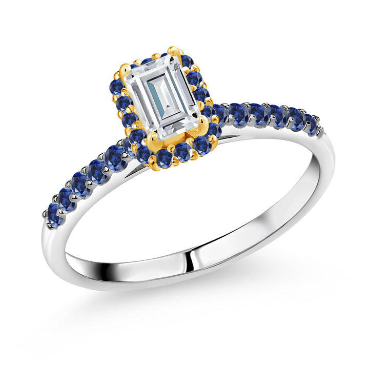 925 Silver and 10K Yellow Gold White Moissanite and Blue Created Sapphire Engagement Ring For Women | 0.99 Cttw | Emerald Cut 6X4MM | Gemstone Birthstone | Available in Size 5,6,7,8,9