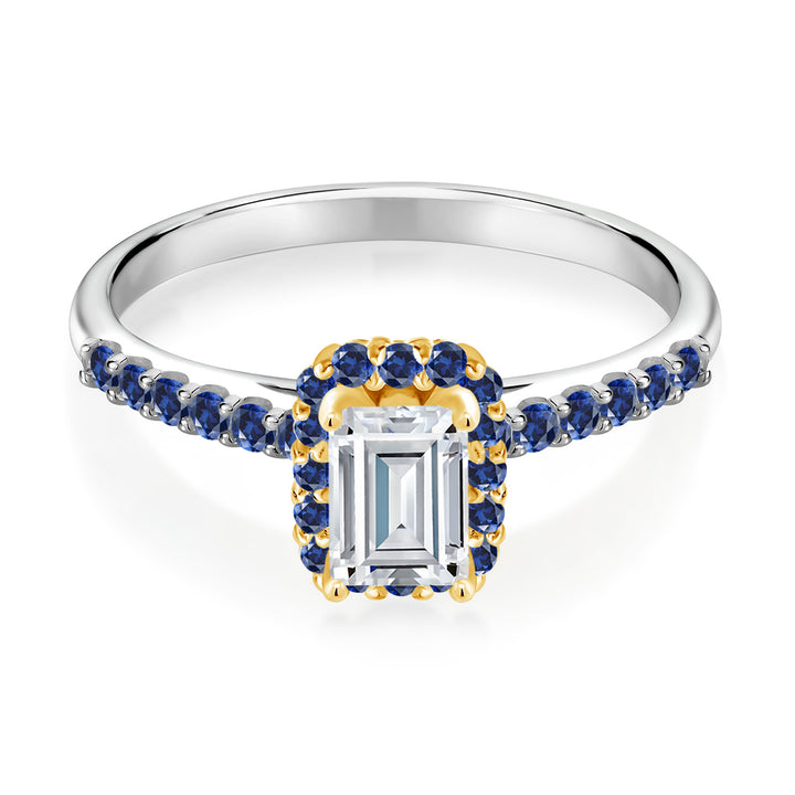 925 Silver and 10K Yellow Gold White Moissanite and Blue Created Sapphire Engagement Ring For Women | 0.99 Cttw | Emerald Cut 6X4MM | Gemstone Birthstone | Available in Size 5,6,7,8,9