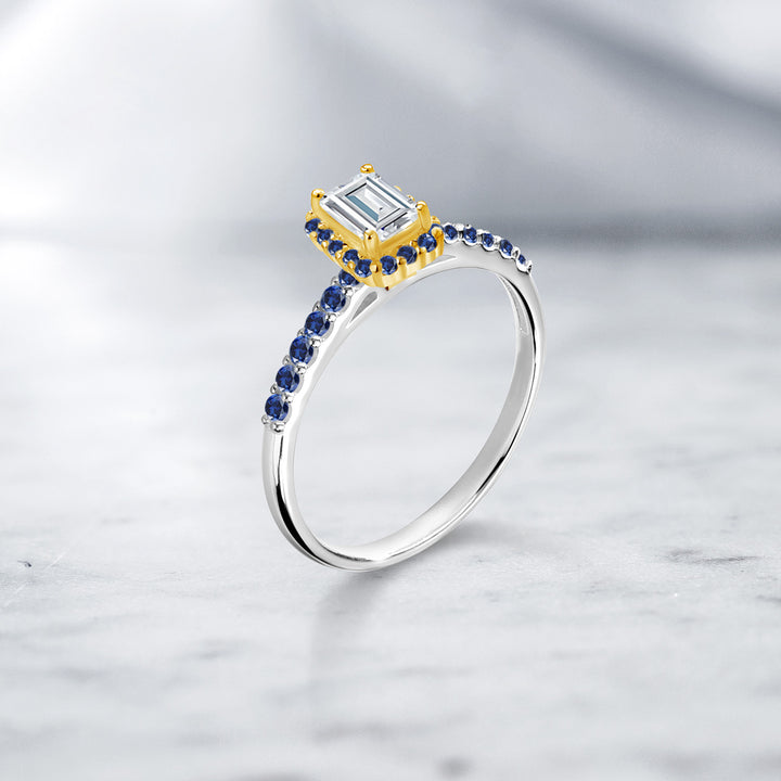 925 Silver and 10K Yellow Gold White Moissanite and Blue Created Sapphire Engagement Ring For Women | 0.99 Cttw | Emerald Cut 6X4MM | Gemstone Birthstone | Available in Size 5,6,7,8,9