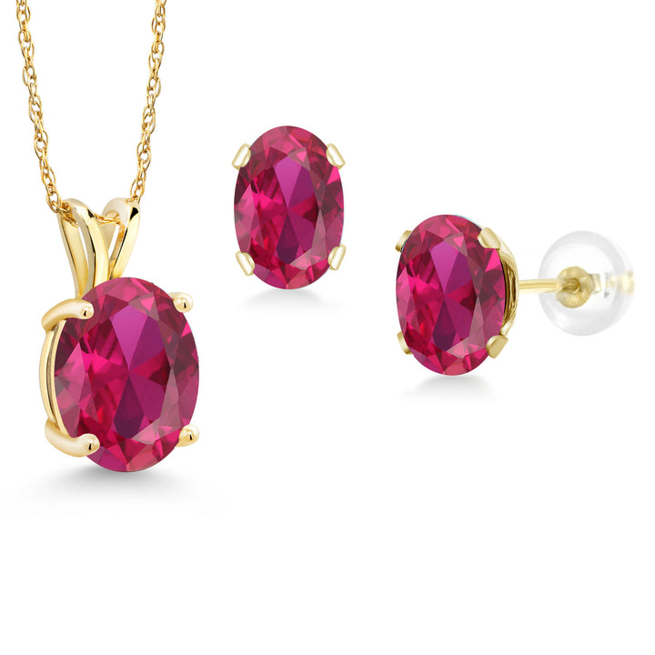 14K Yellow Gold Red Created Ruby Pendant and Earrings Jewelry Set For Women (5.50 Cttw, with 18 Inch Chain)