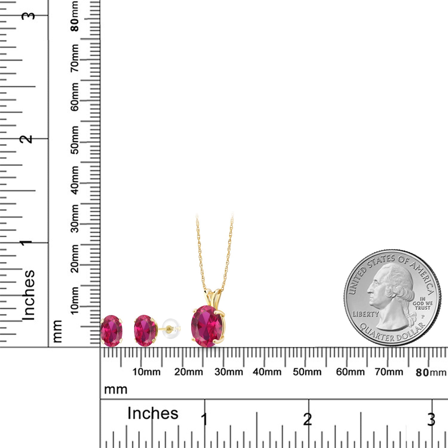 14K Yellow Gold Red Created Ruby Pendant and Earrings Jewelry Set For Women (5.50 Cttw, with 18 Inch Chain)