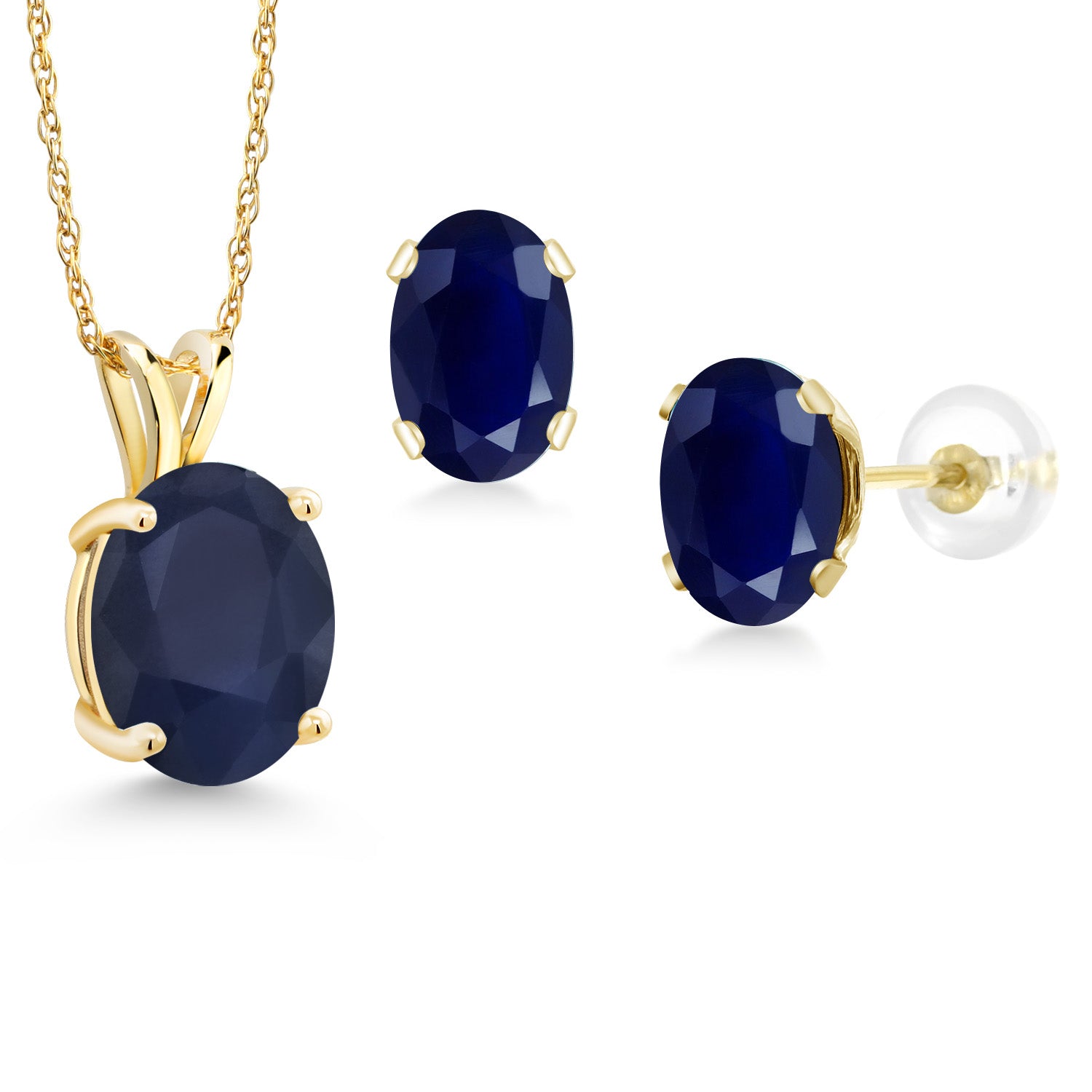 14K Yellow Gold Blue Sapphire Pendant and Earrings Jewelry Set For Women (6.60 Cttw, Oval 10X8MM and 8X6MM with 18 Inch Chain)