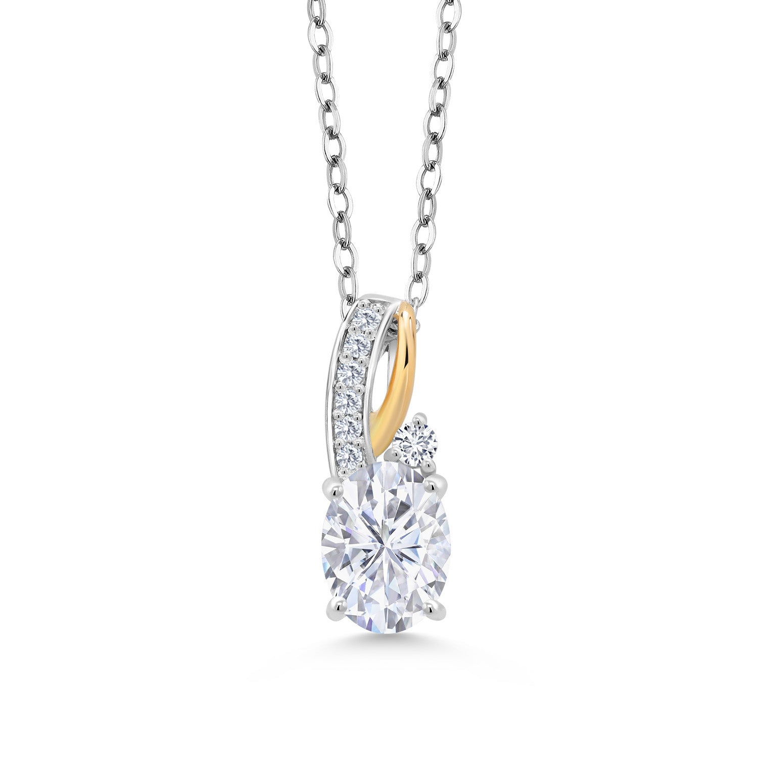 925 Silver and 10K Yellow Gold White Moissanite Pendant Necklace For Women (1.59 Cttw, Gemstone Birthstone, with 18 Inch Silver Chain)