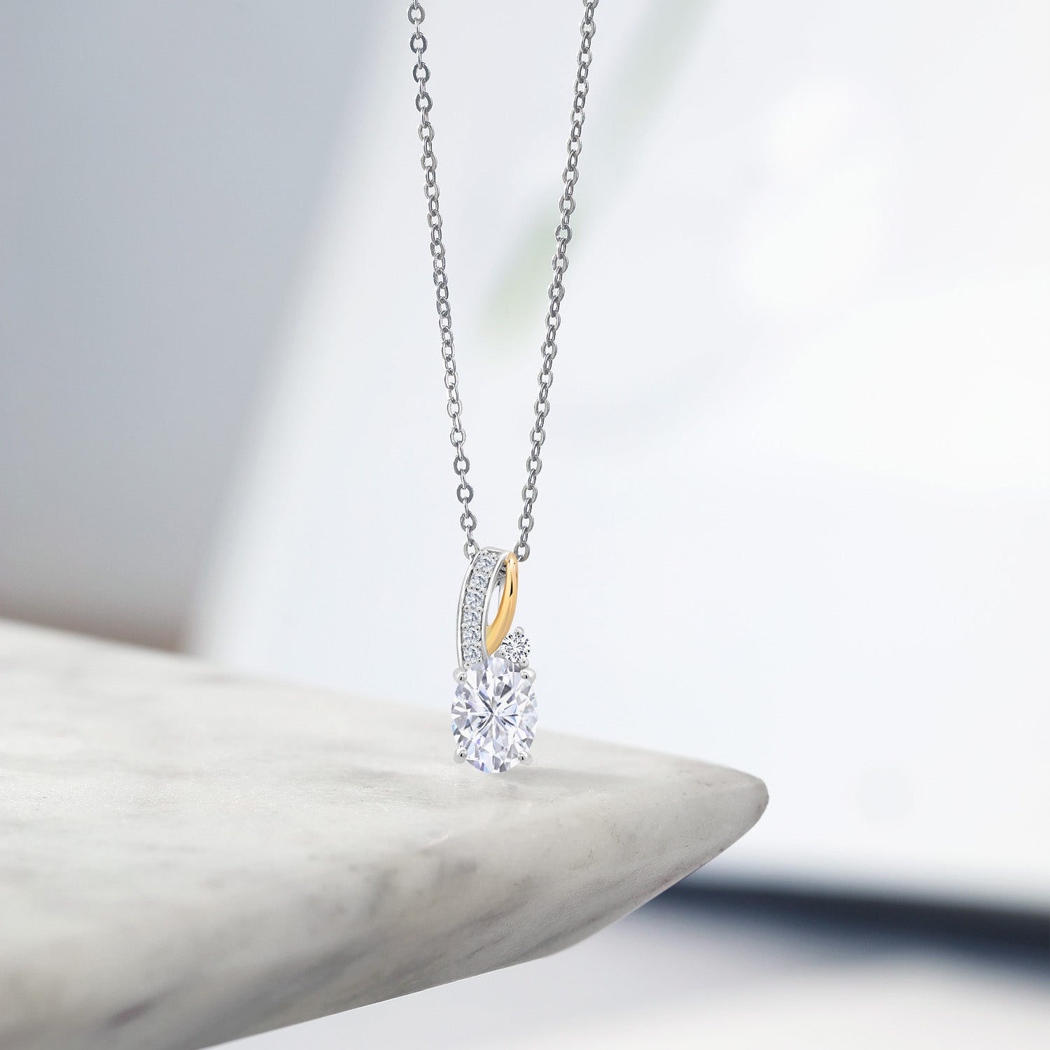 925 Silver and 10K Yellow Gold White Moissanite Pendant Necklace For Women (1.59 Cttw, Gemstone Birthstone, with 18 Inch Silver Chain)