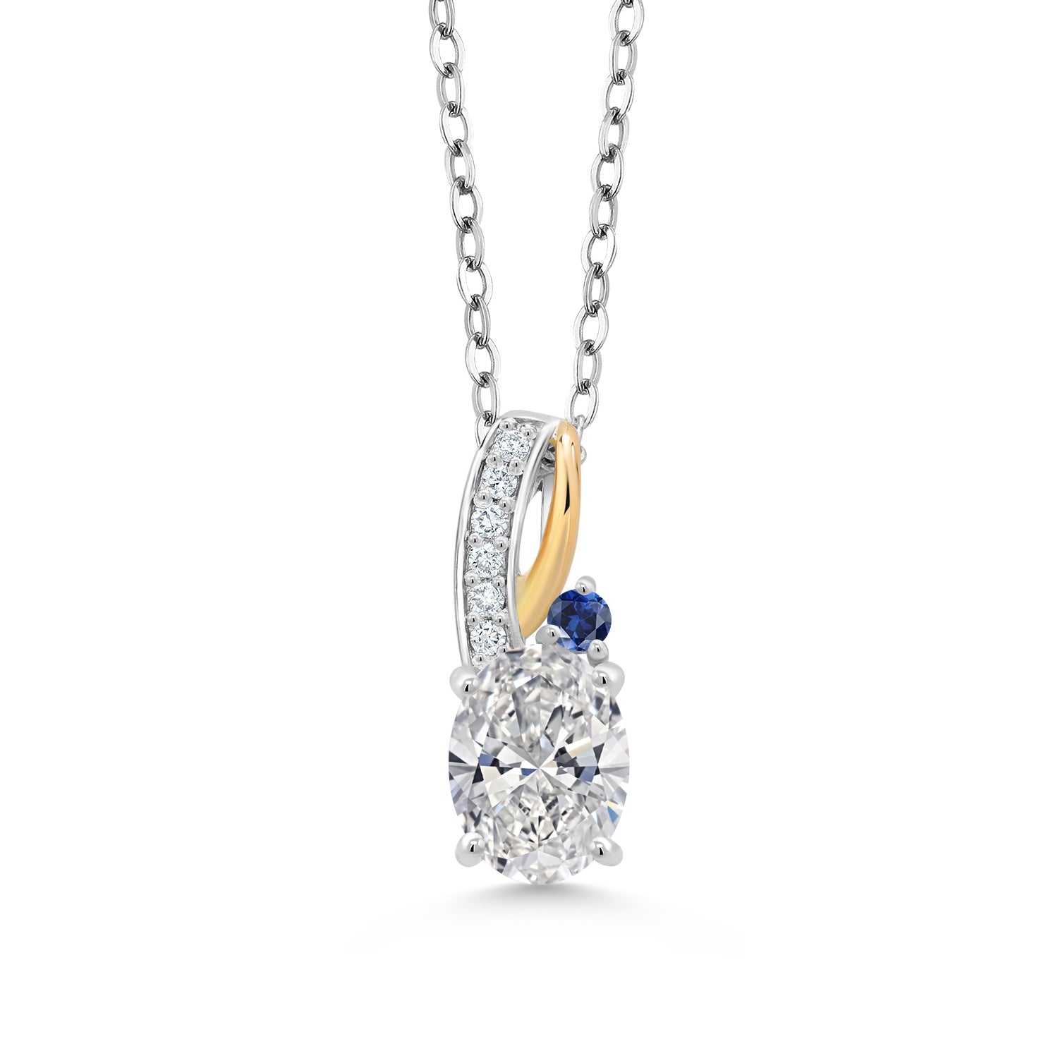 1.5 Ct Oval IGI Certified Lab Grown Diamond and Created Sapphire Set in 2 Tone 10K Yellow Gold and 925 Sterling Silver Pendant For Women | F-G Color | VS2 Clarity | 18 Inch Chain