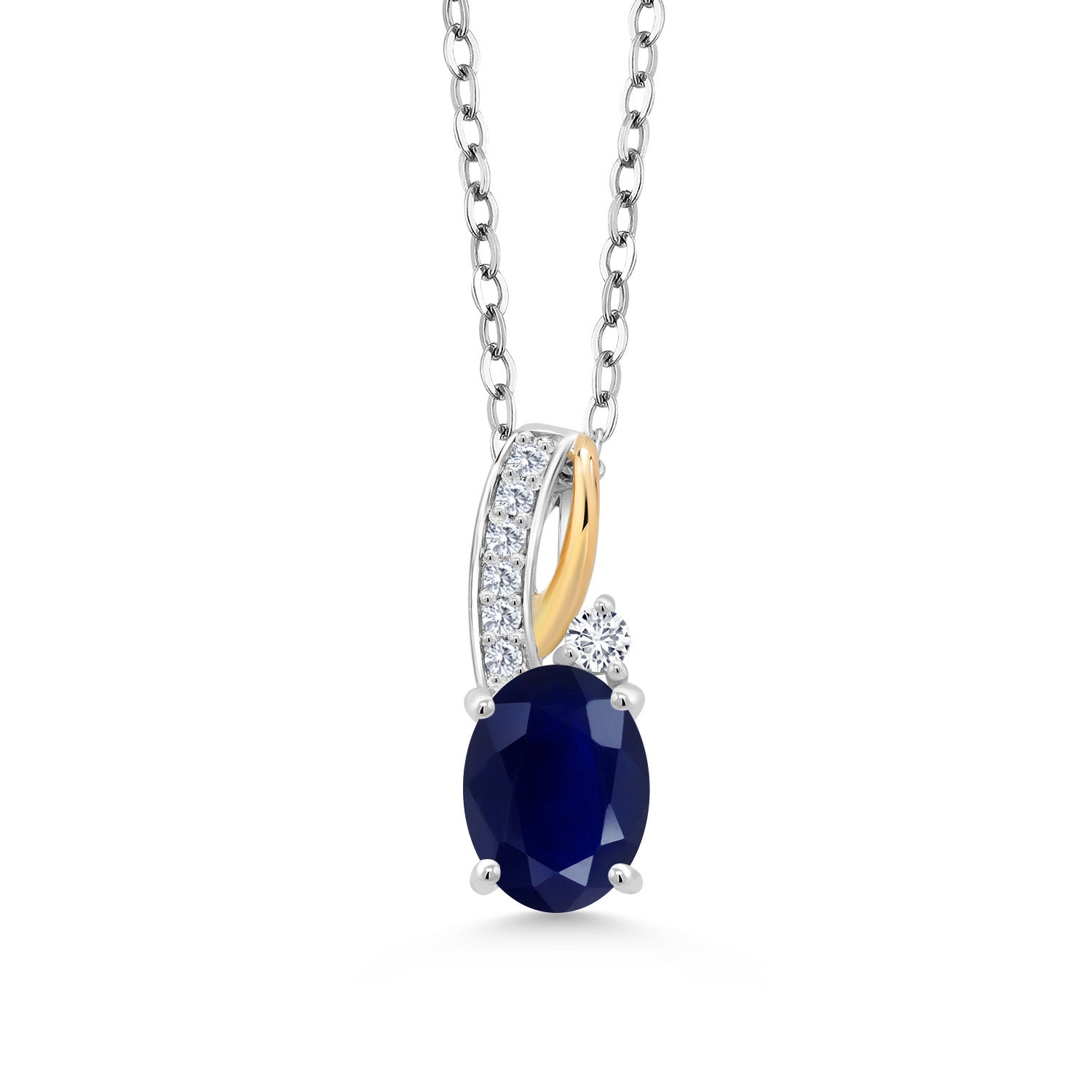 1.89 Cttw 2 Tone 10K Yellow Gold and 925 Sterling Silver Blue Sapphire and White Lab Grown Diamond Pendant Necklace For Women | With 18 Inch Silver Chain