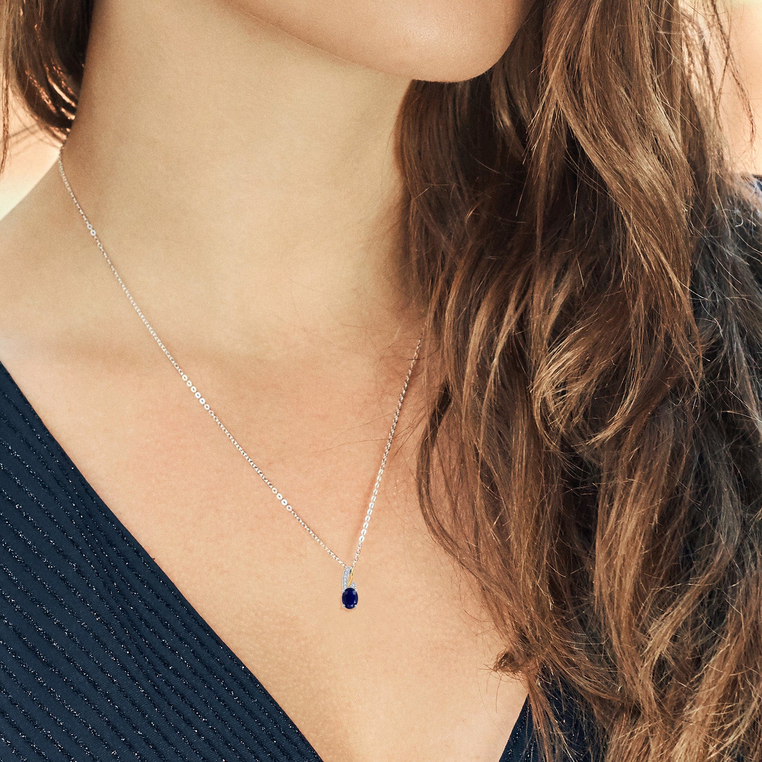 1.89 Cttw 2 Tone 10K Yellow Gold and 925 Sterling Silver Blue Sapphire and White Lab Grown Diamond Pendant Necklace For Women | With 18 Inch Silver Chain