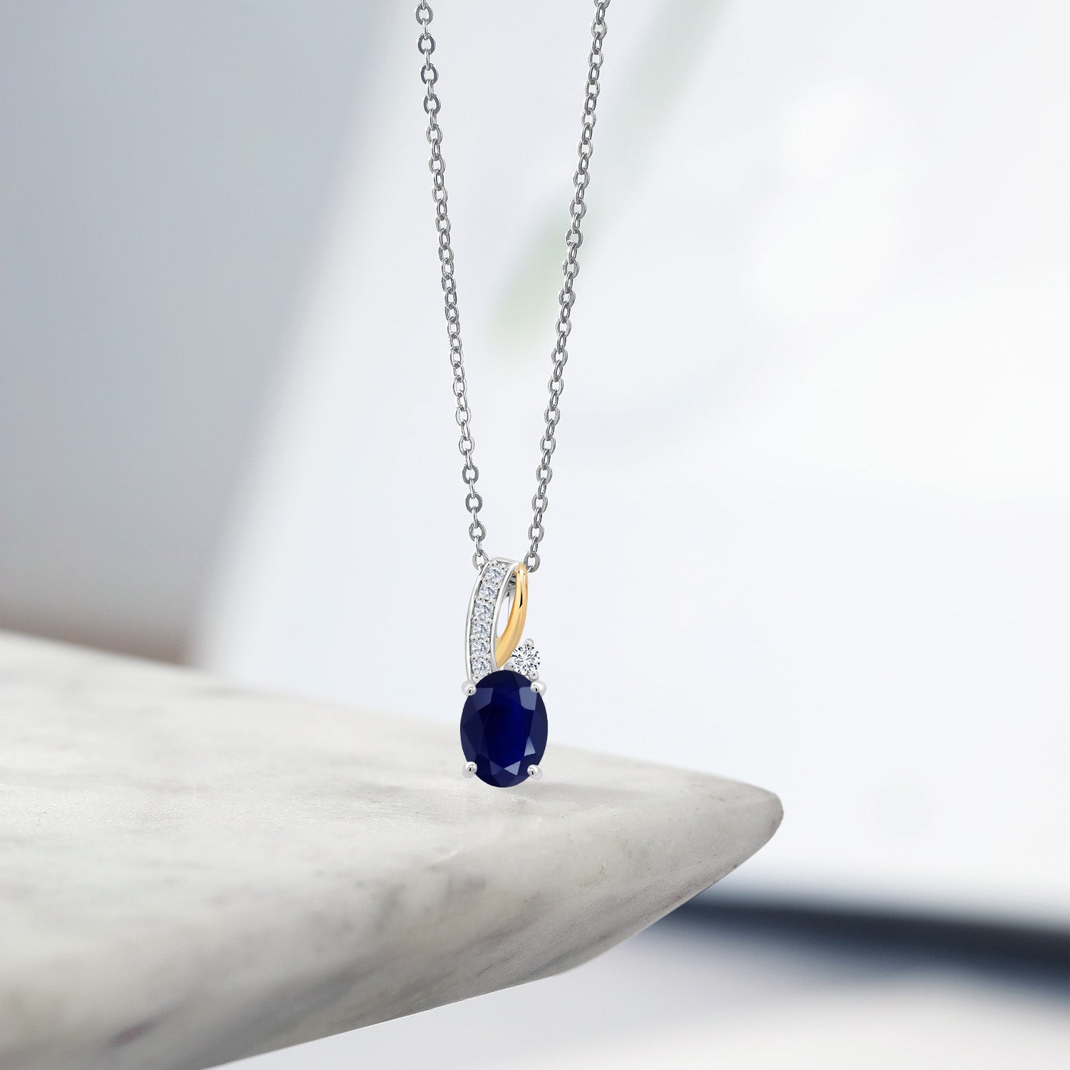 1.89 Cttw 2 Tone 10K Yellow Gold and 925 Sterling Silver Blue Sapphire and White Lab Grown Diamond Pendant Necklace For Women | With 18 Inch Silver Chain