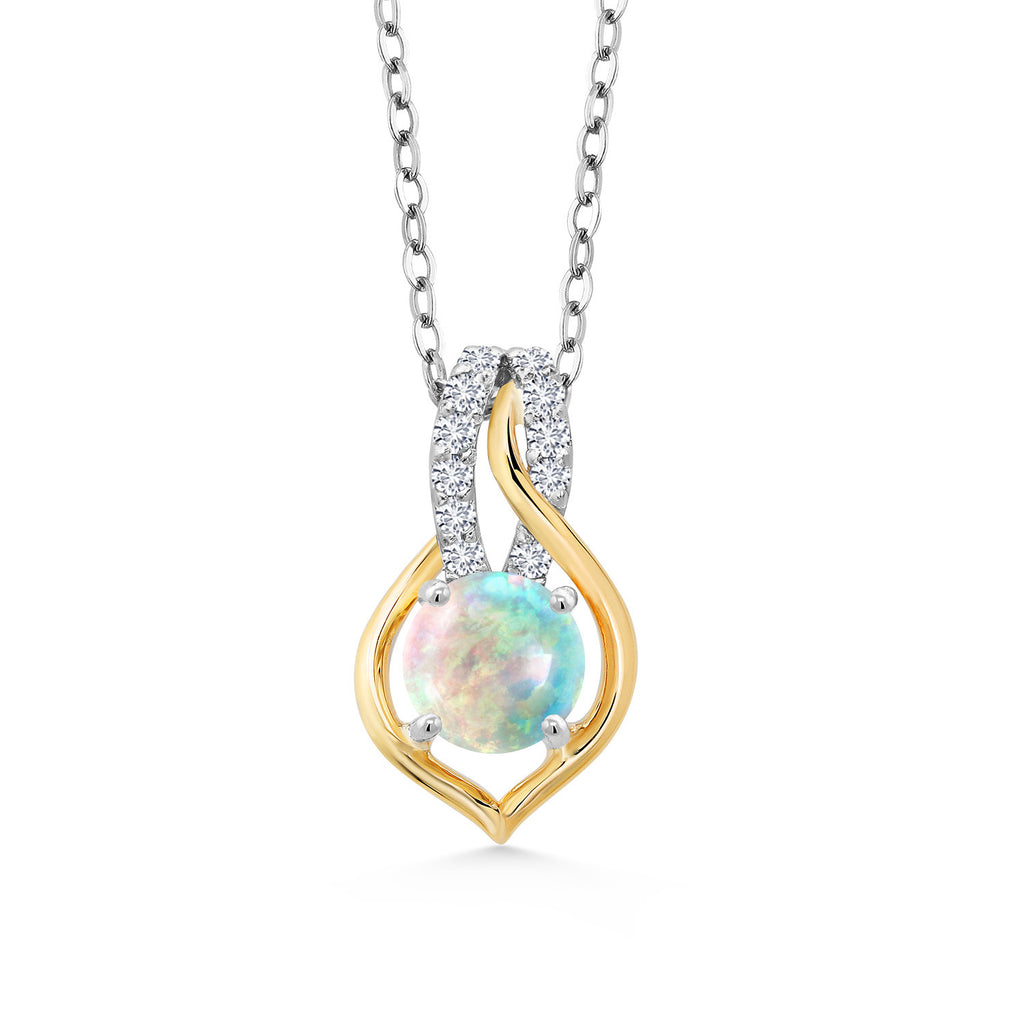 White Simulated Opal-Cabochon - October_Pendant in 925 Sterling Silver and 10K Yellow Gold