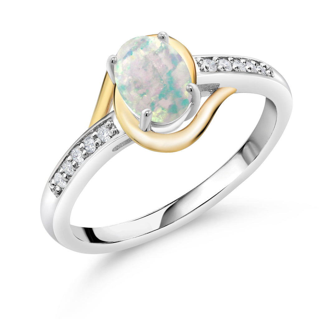 White Simulated Opal-Cabochon - October_8_Ring in 925 Sterling Silver and 10K Yellow Gold
