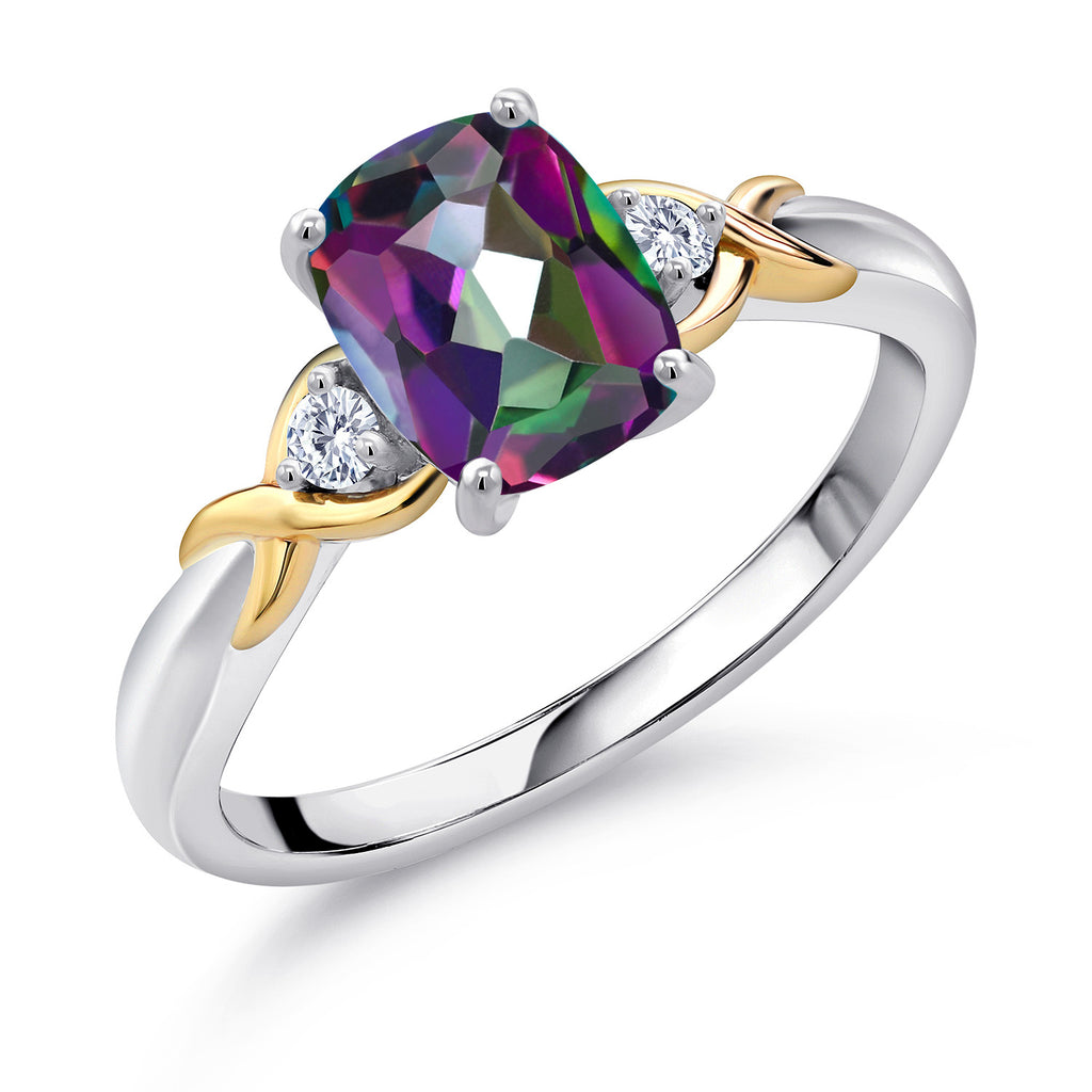 Gem Stone King 925 Silver and 10K Yellow Gold Gemstone Birthstone and Lab Grown Diamond 3-Stone Engagement Ring | Cushion 8X6MM | Wedding Anniversary Promise Ring