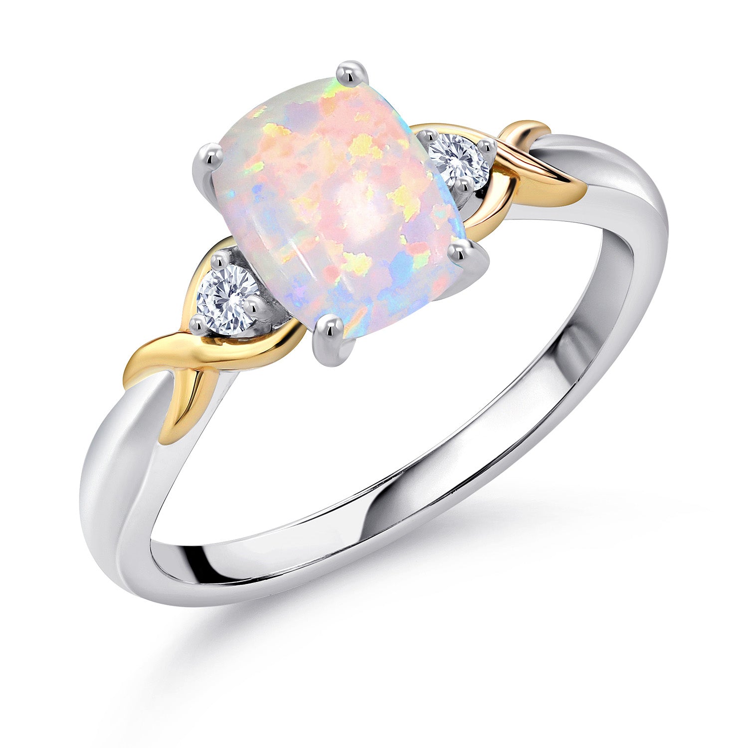 White Simulated Opal - October_9_Ring in 925 Sterling Silver and 10K Yellow Gold