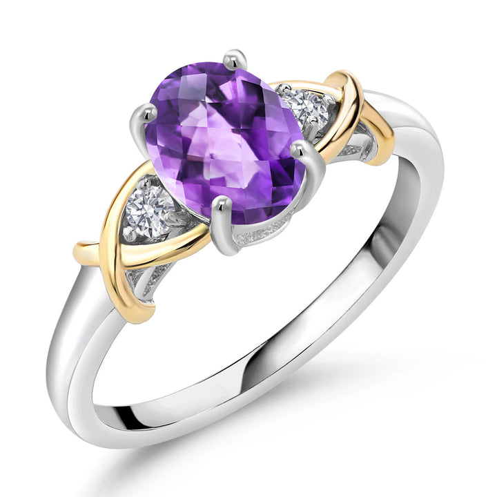 3-Stone Engagement Ring for Women | 10K Yellow Gold and 925 Silver | Gemstone Birthstone and Lab Grown Diamond Crossover Wedding Anniversary Ring