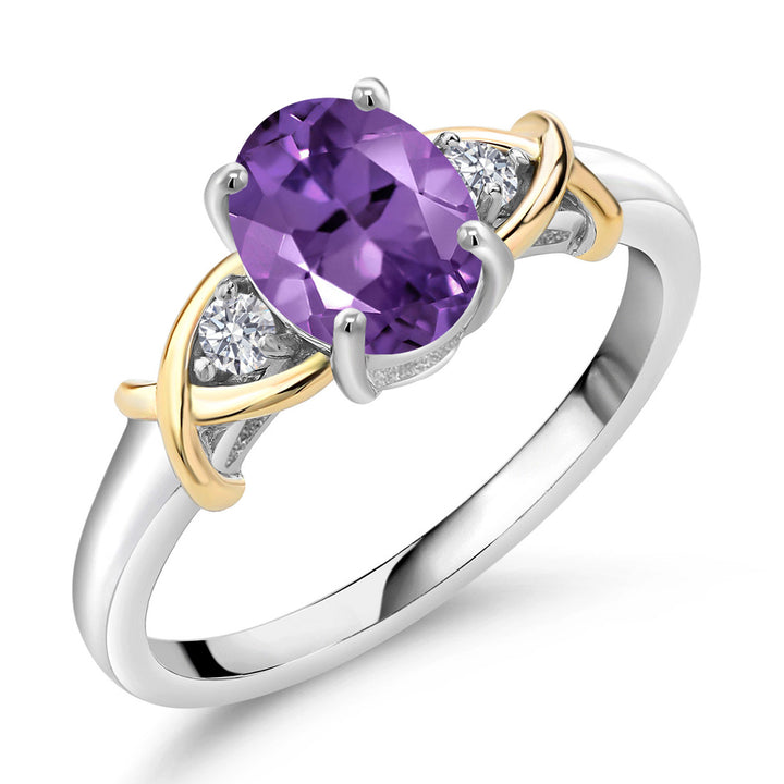 3-Stone Engagement Ring for Women | 10K Yellow Gold and 925 Silver | Gemstone Birthstone and Lab Grown Diamond Crossover Wedding Anniversary Ring