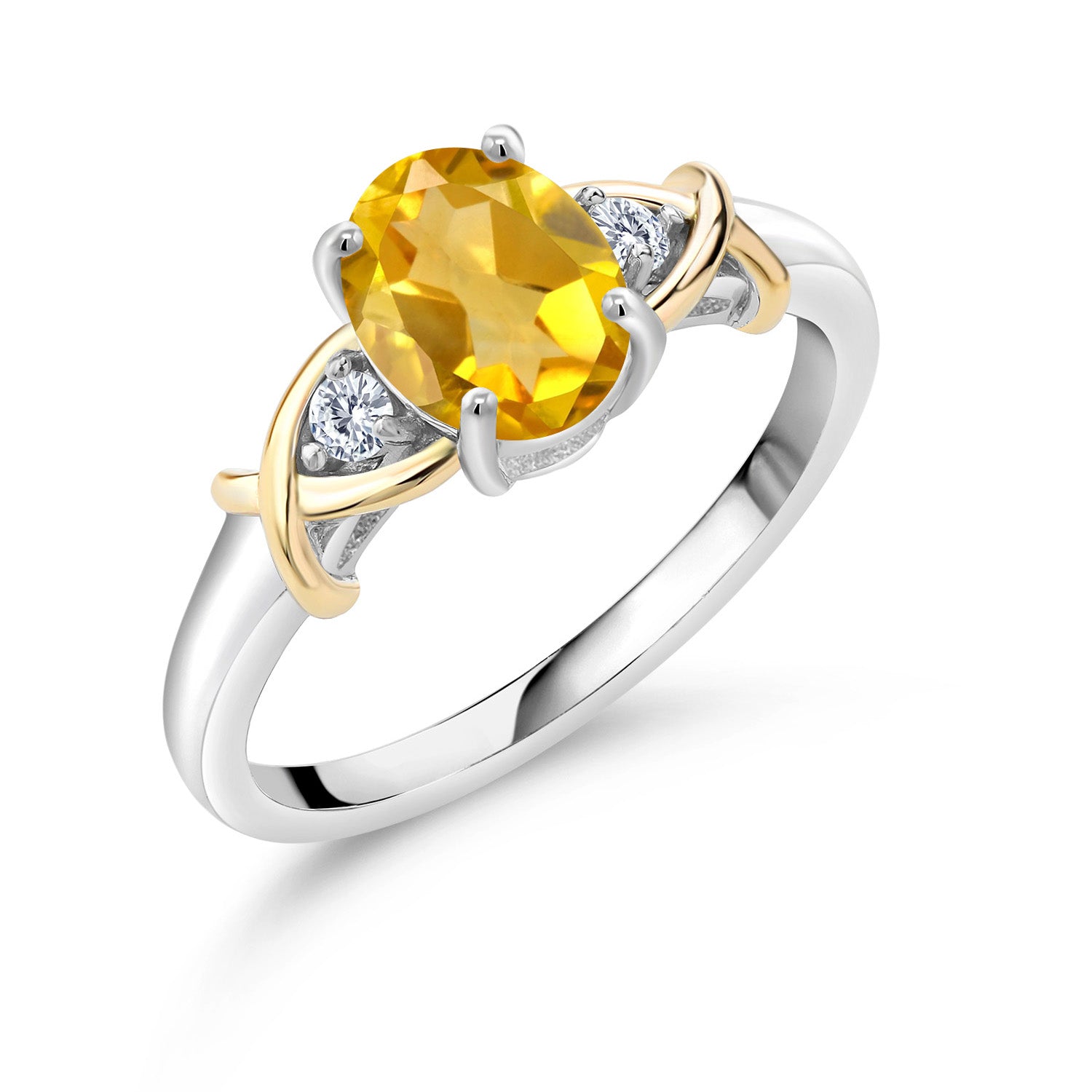 2 Tone 10K Yellow Gold and 925 Sterling Silver Yellow Citrine and Lab Grown Diamond Engagement Ring For Women (1.38 Cttw, Gemstone Birthstone, Available In Size 5, 6, 7, 8, 9)