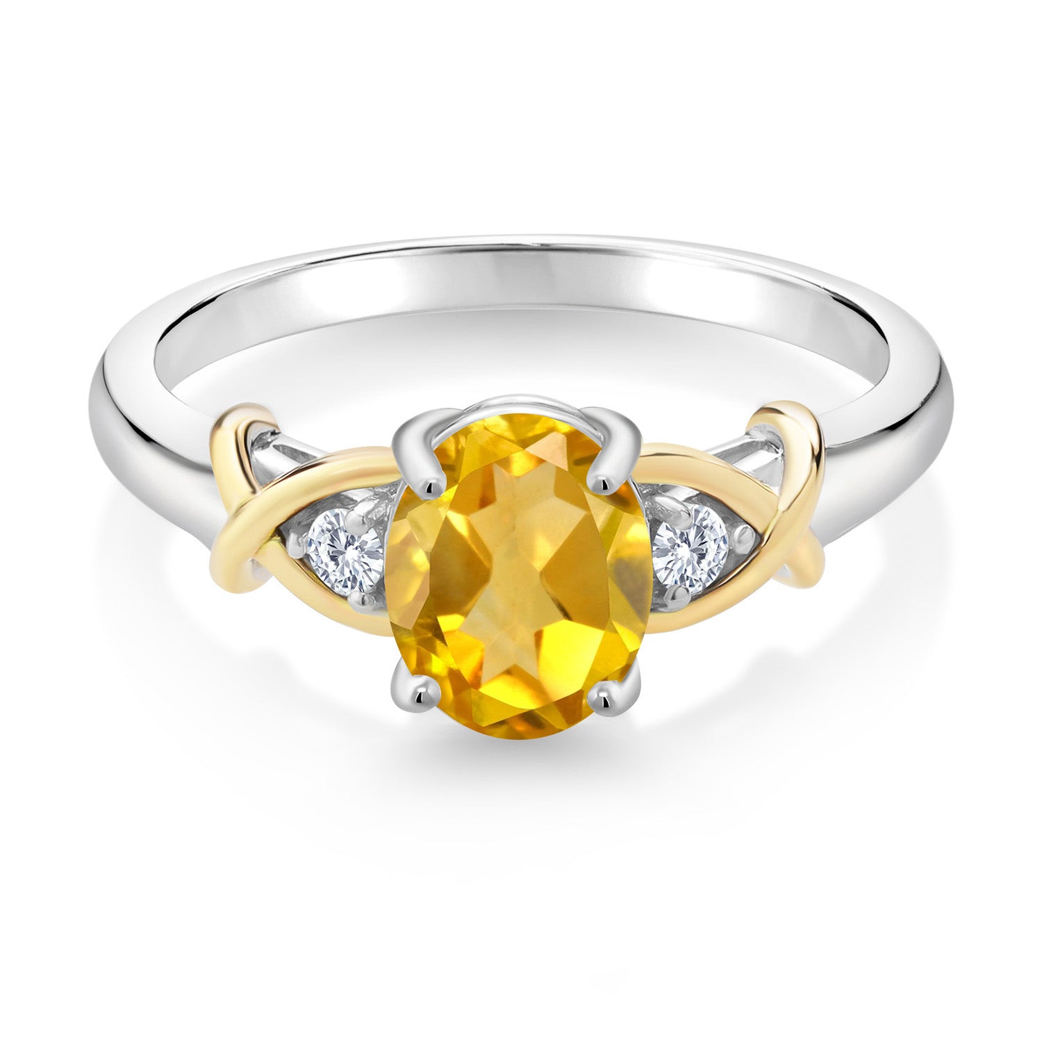 2 Tone 10K Yellow Gold and 925 Sterling Silver Yellow Citrine and Lab Grown Diamond Engagement Ring For Women (1.38 Cttw, Gemstone Birthstone, Available In Size 5, 6, 7, 8, 9)