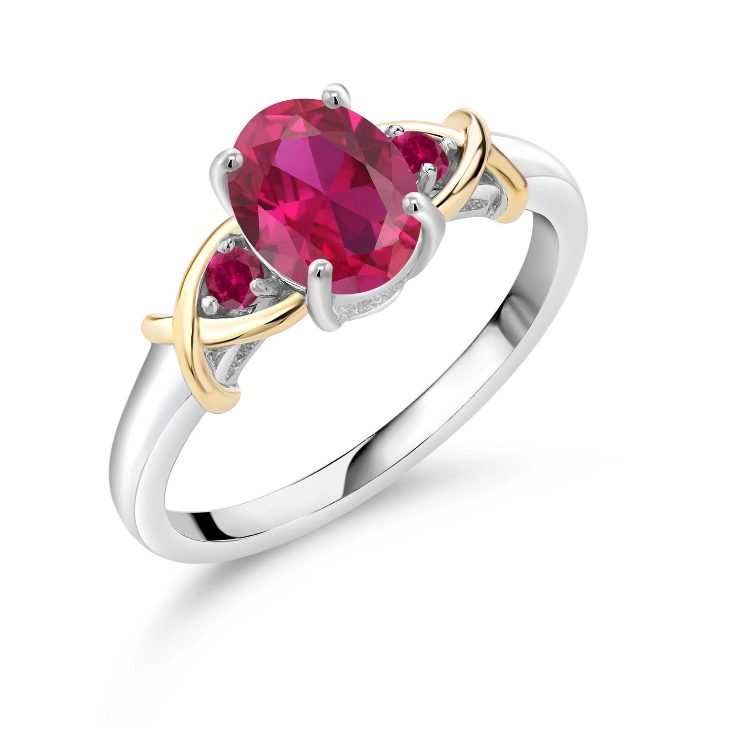 2 Tone 925 Sterling Silver and 10K Yellow Gold Oval Red Created Ruby Ring For Women (1.45 Cttw, Available In Size 5, 6, 7, 8, 9)