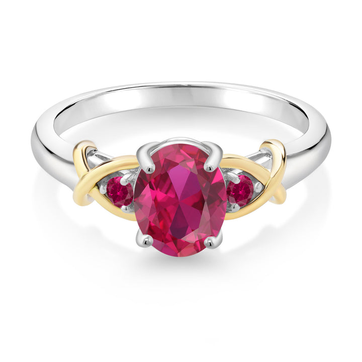 2 Tone 925 Sterling Silver and 10K Yellow Gold Oval Red Created Ruby Ring For Women (1.45 Cttw, Available In Size 5, 6, 7, 8, 9)