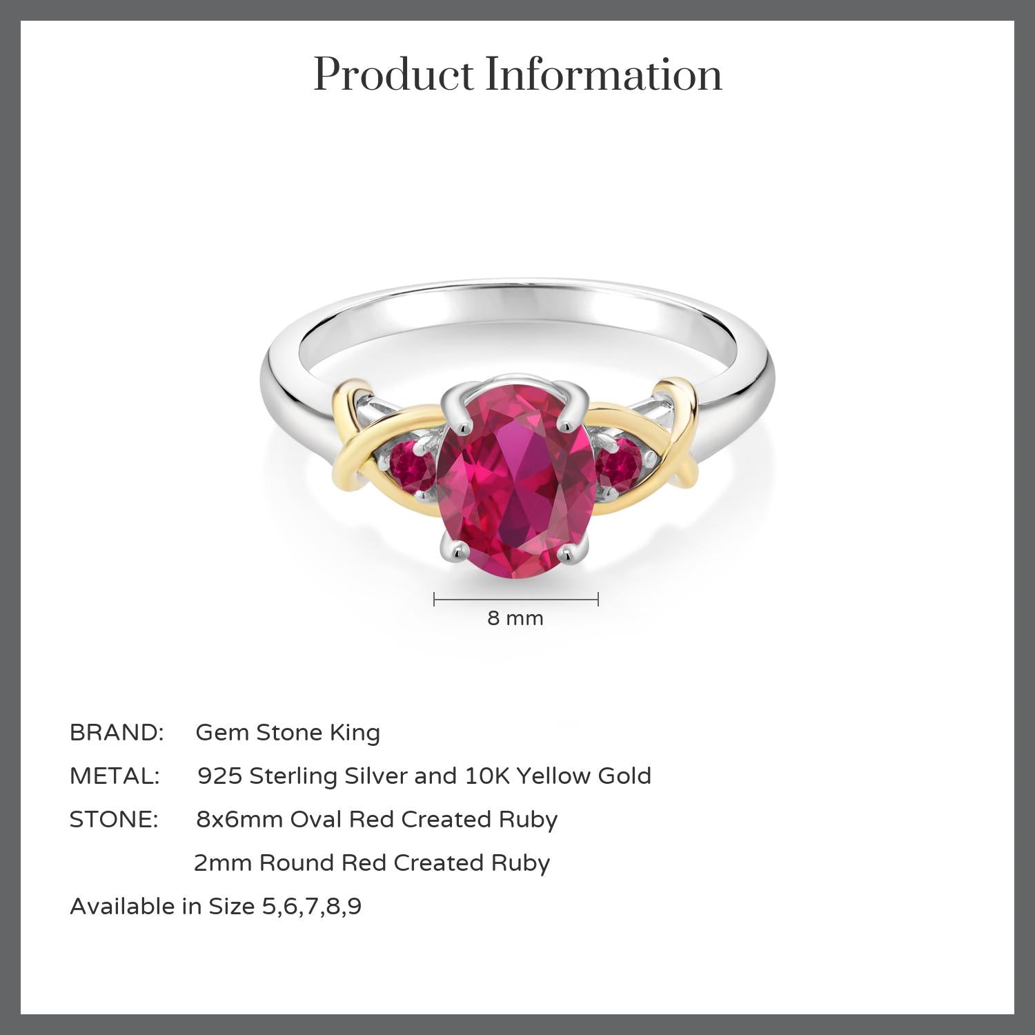 2 Tone 925 Sterling Silver and 10K Yellow Gold Oval Red Created Ruby Ring For Women (1.45 Cttw, Available In Size 5, 6, 7, 8, 9)