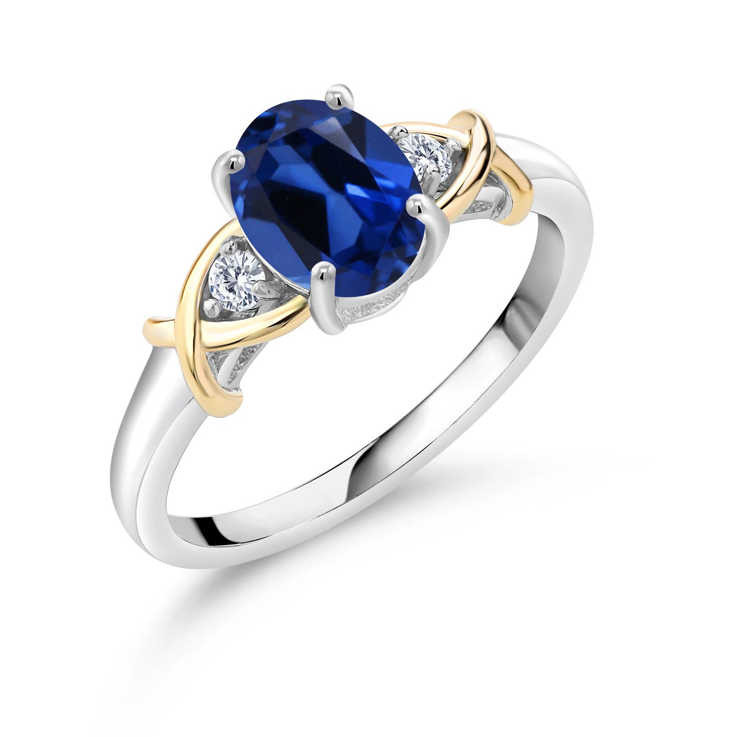 2 Tone 10K Yellow Gold and 925 Sterling Silver Blue Created Sapphire and Lab Grown Diamond Ring For Women (1.68 Cttw, Available in Size 5,6,7,8,9)