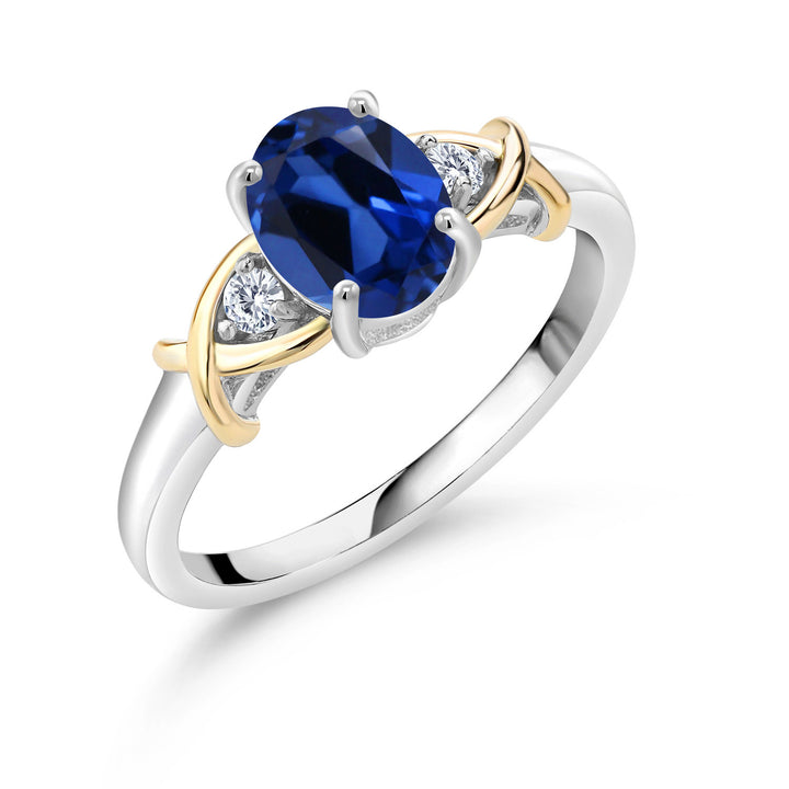 2 Tone 10K Yellow Gold and 925 Sterling Silver Blue Created Sapphire and Lab Grown Diamond Ring For Women (1.68 Cttw, Available in Size 5,6,7,8,9)