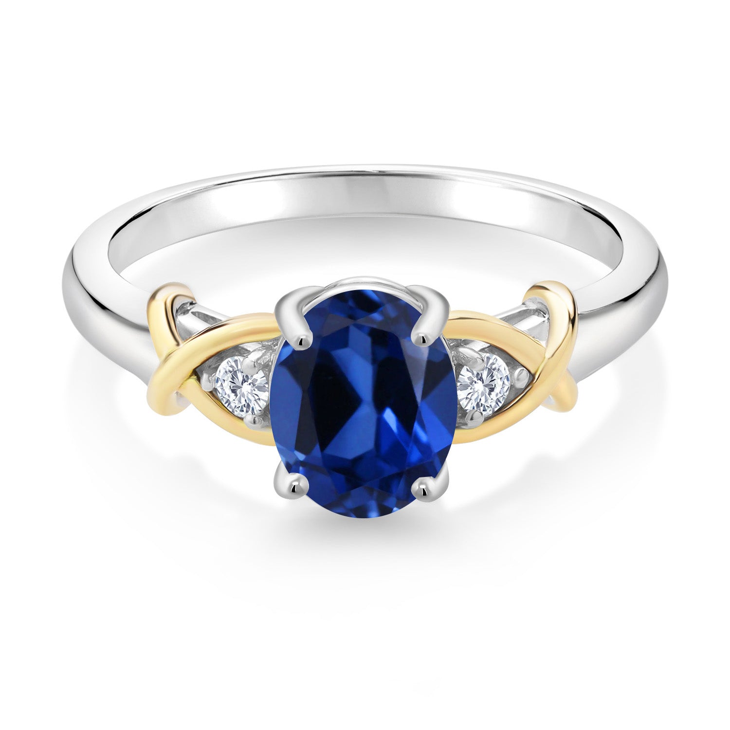 2 Tone 10K Yellow Gold and 925 Sterling Silver Blue Created Sapphire and Lab Grown Diamond Ring For Women (1.68 Cttw, Available in Size 5,6,7,8,9)