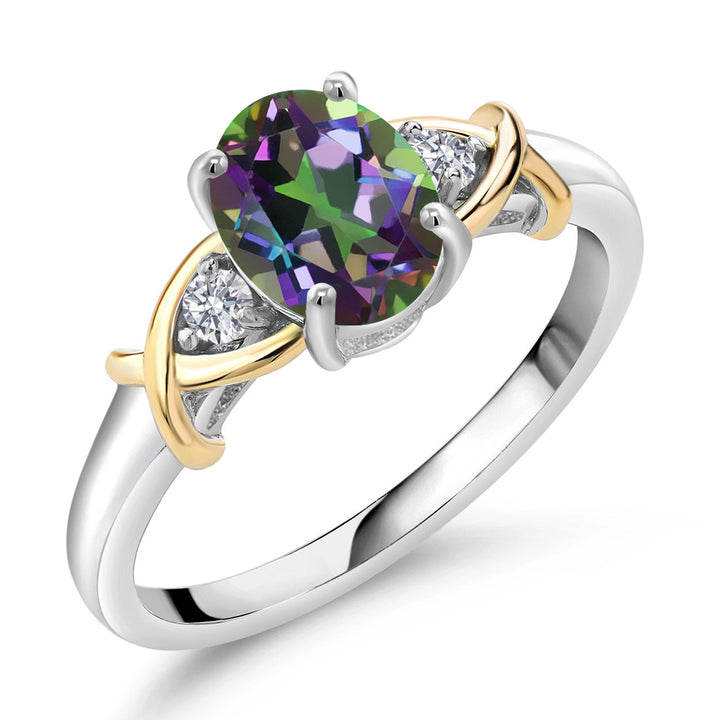 3-Stone Engagement Ring for Women | 10K Yellow Gold and 925 Silver | Gemstone Birthstone and Lab Grown Diamond Crossover Wedding Anniversary Ring