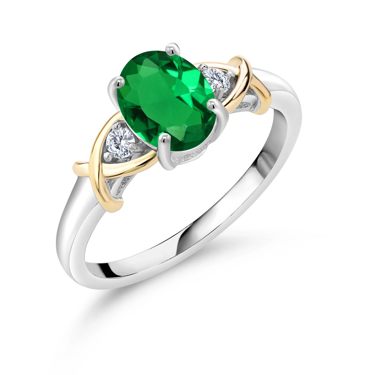 10K Yellow Gold and 925 Sterling Silver Green Nano Emerald and Lab Grown Diamond Engagement Ring For Women | 0.83 Cttw | Oval 8X6MM | Size 5-9