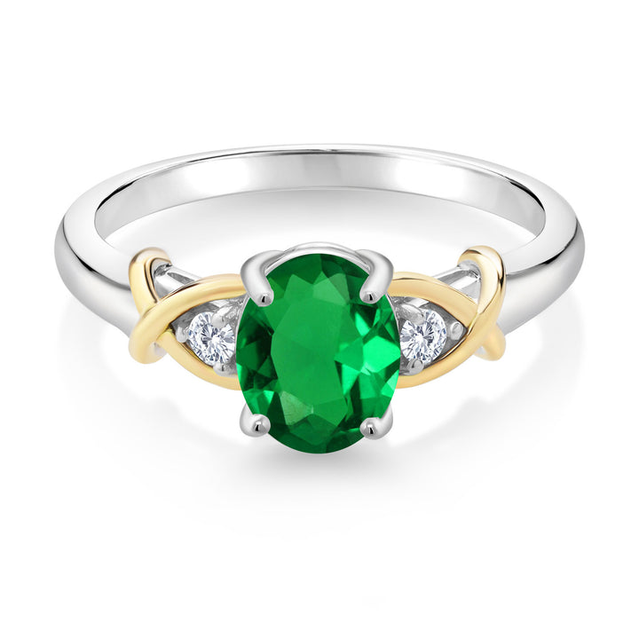 10K Yellow Gold and 925 Sterling Silver Green Nano Emerald and Lab Grown Diamond Engagement Ring For Women | 0.83 Cttw | Oval 8X6MM | Size 5-9