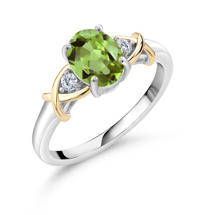 2 Tone 10K Yellow Gold and 925 Sterling Silver Green Peridot and White Lab Grown Diamond Ring For Women (1.50 Cttw, Gemstone Birthstone, Available In Size 5, 6, 7, 8, 9)