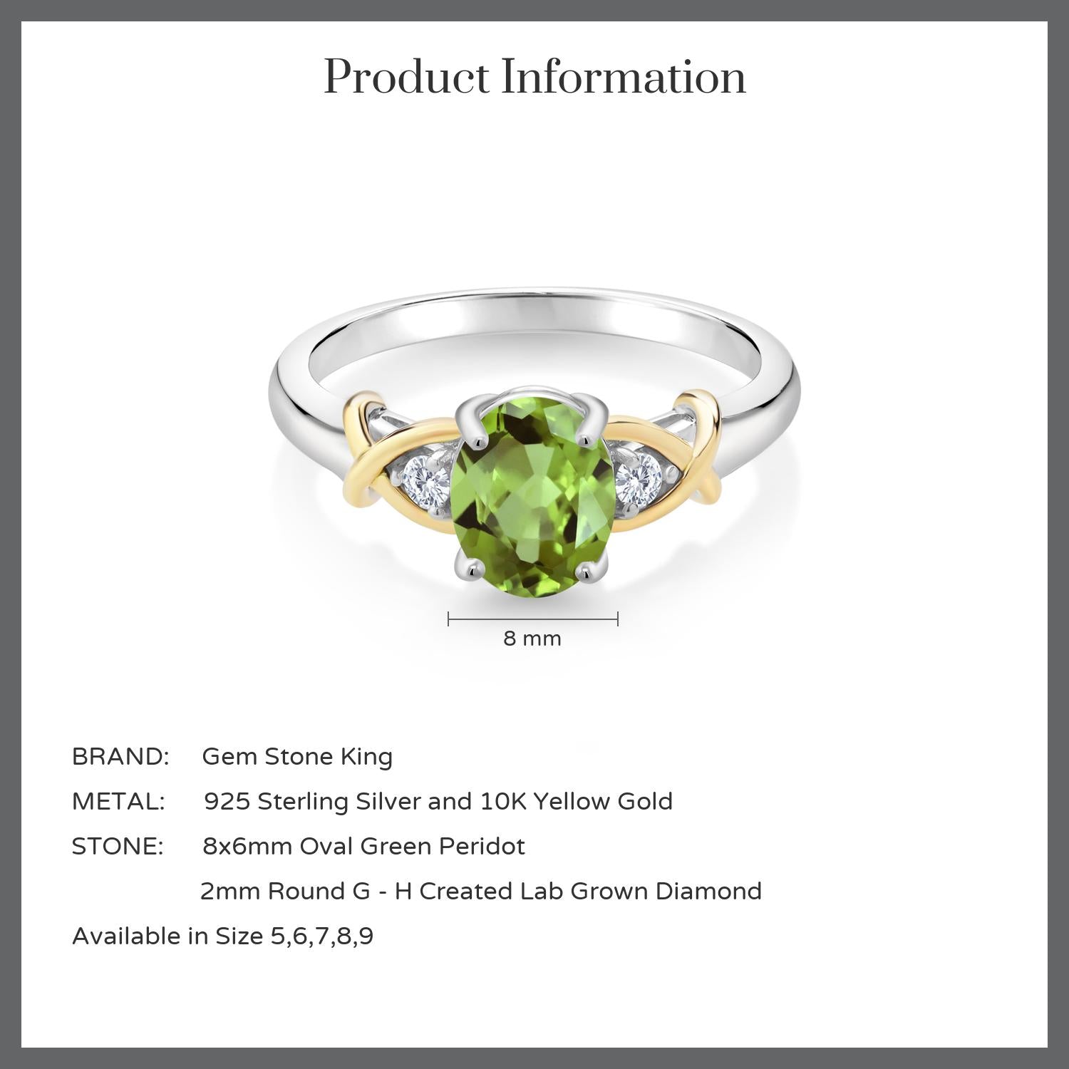 2 Tone 10K Yellow Gold and 925 Sterling Silver Green Peridot and White Lab Grown Diamond Ring For Women (1.50 Cttw, Gemstone Birthstone, Available In Size 5, 6, 7, 8, 9)