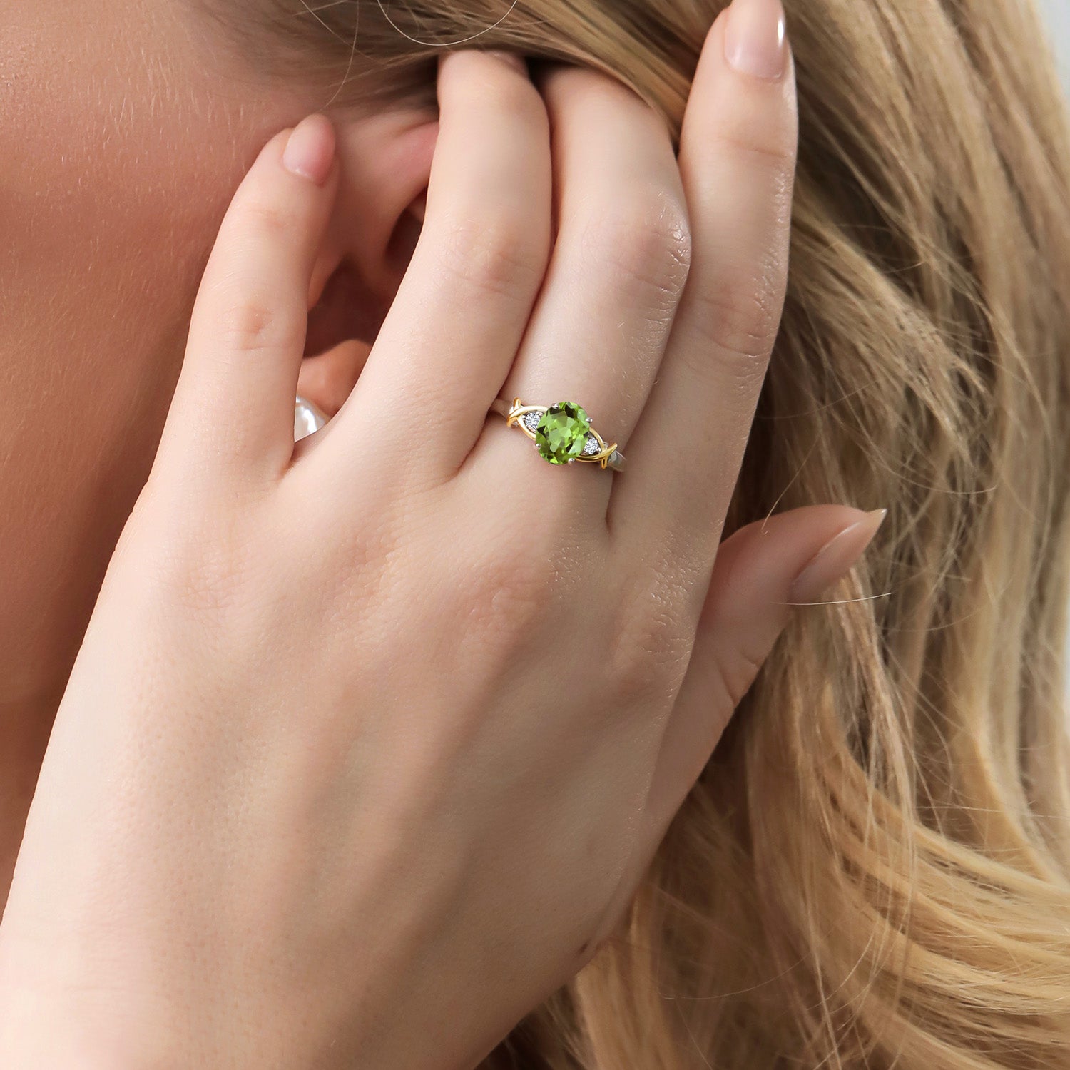 2 Tone 10K Yellow Gold and 925 Sterling Silver Green Peridot and White Lab Grown Diamond Ring For Women (1.50 Cttw, Gemstone Birthstone, Available In Size 5, 6, 7, 8, 9)