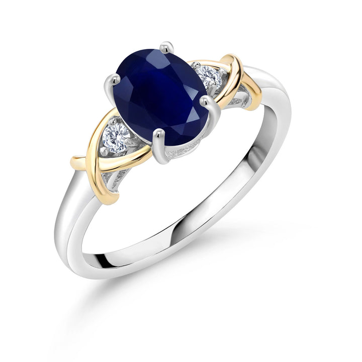 10K Yellow Gold and 925 Sterling Silver Blue Sapphire and White Lab Grown Diamond Engagement Ring For Women | 1.88 Cttw | Oval 8X6MM | Ring Size 5-9