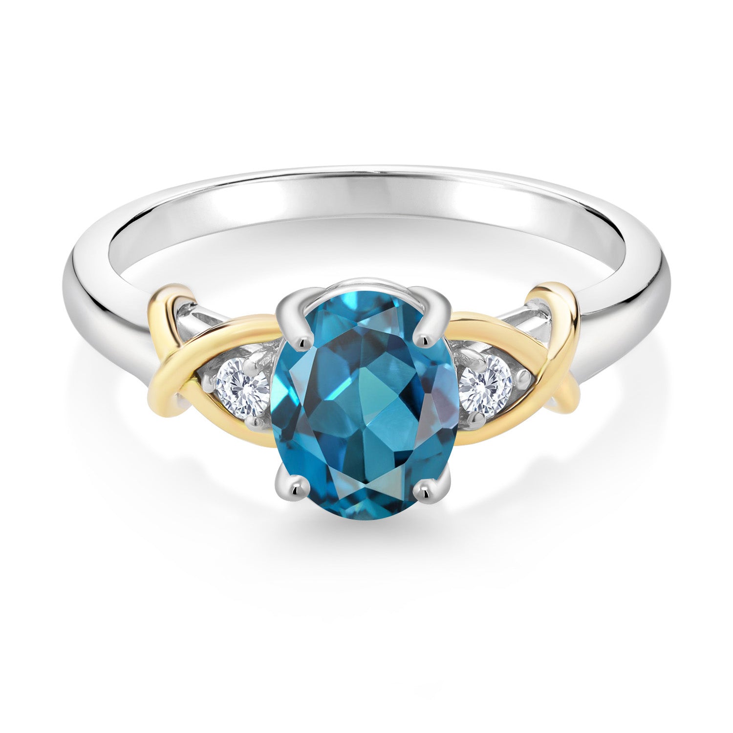 10K Yellow Gold and 925 Sterling Silver London Blue Topaz and White Lab Grown Diamond Ring For Women (1.58 Cttw, Available in size 5, 6, 7, 8, 9)