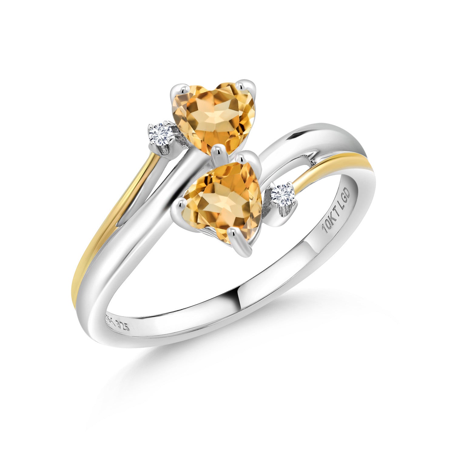 925 Silver and 10K Yellow Gold Yellow Citrine and White Lab Grown Diamond 2 Heart Promise Couple Engagement Mother Ring (0.94 Cttw, Gemstone Birthstone, Available In Size 5, 6, 7, 8, 9)