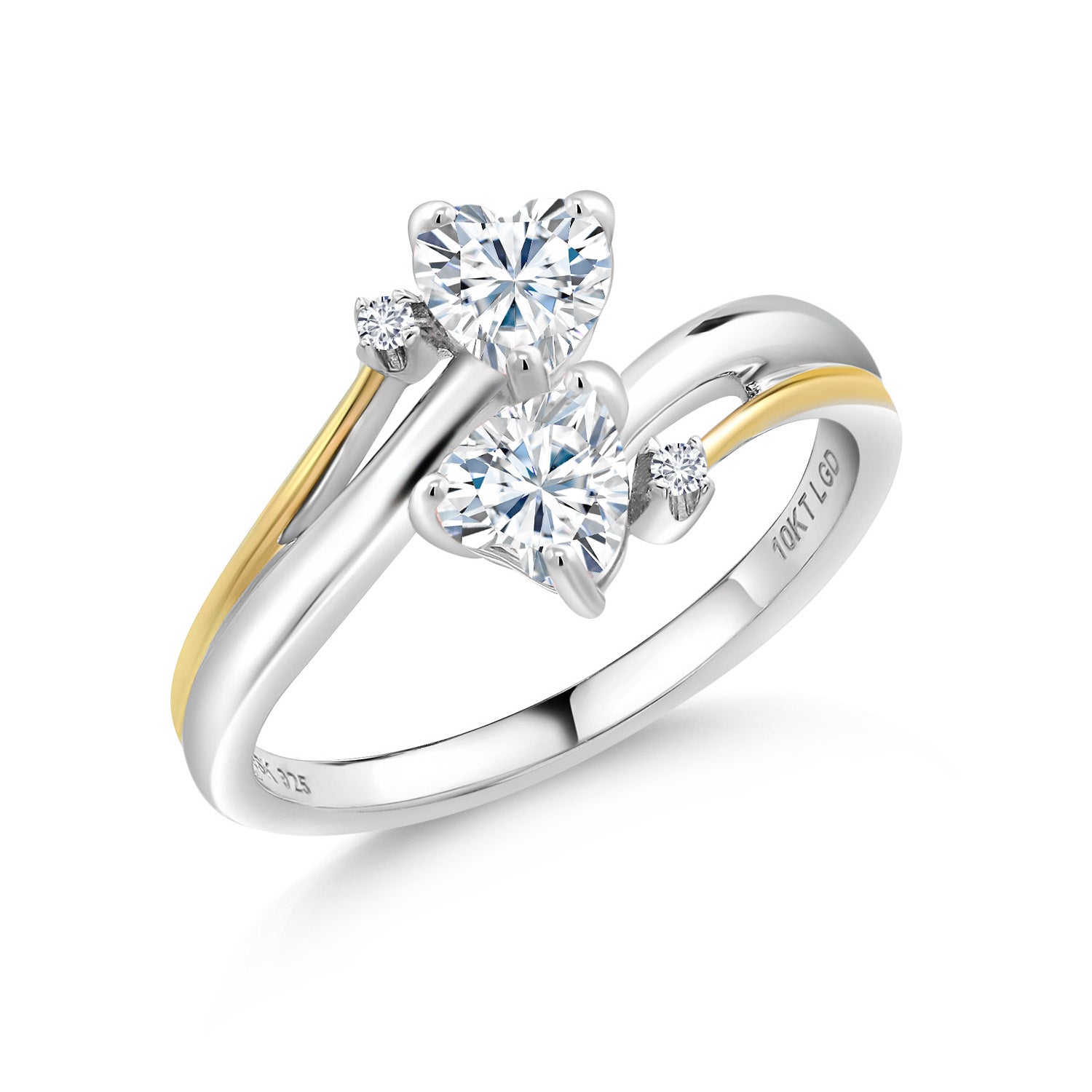 925 Silver and 10K Yellow Gold Heart Shape White Moissanite and White Lab Grown Diamond Two Tone 2 Heart Promise Couple Women Engagement Mother Ring (0.86 Cttw, Available In Size 5, 6, 7, 8, 9)