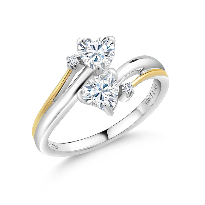 925 Silver and 10K Yellow Gold Heart Shape White Moissanite and White Lab Grown Diamond Two Tone 2 Heart Promise Couple Women Engagement Mother Ring (0.86 Cttw, Available In Size 5, 6, 7, 8, 9)